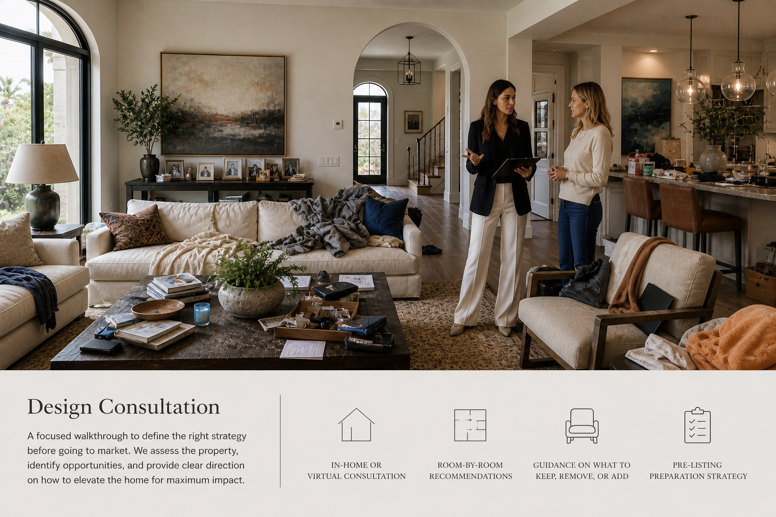 Design consultation in a luxury coastal living room — designer reviewing a client's home, with notes about in-home consultation, room-by-room recommendations, guidance on what to keep, and pre-listing strategy