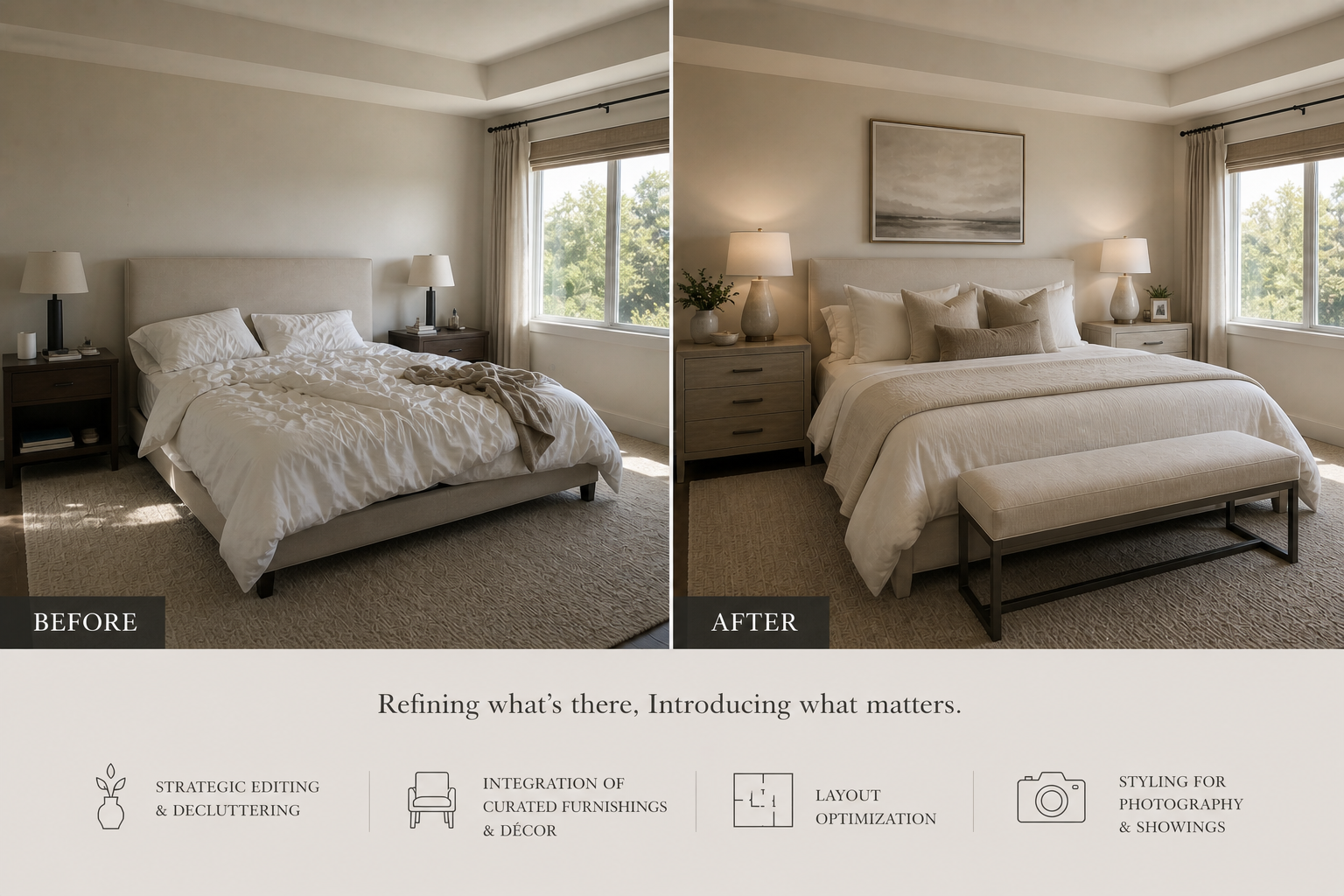 Occupied home staging — bedroom before and after, showing strategic editing, curated furnishings, layout optimization, and styling for photography