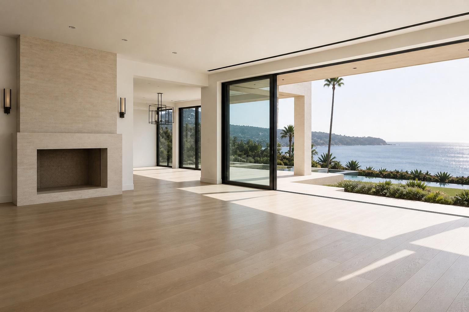Living room before staging — vacant with floor-to-ceiling ocean view
