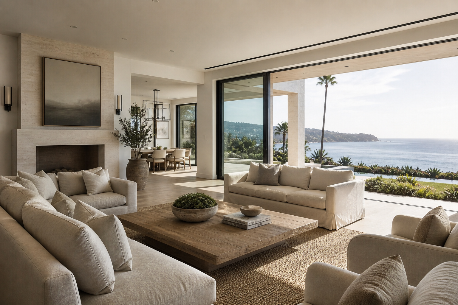 Living room after staging — fully furnished with sofas, coffee table, and styled details overlooking the ocean